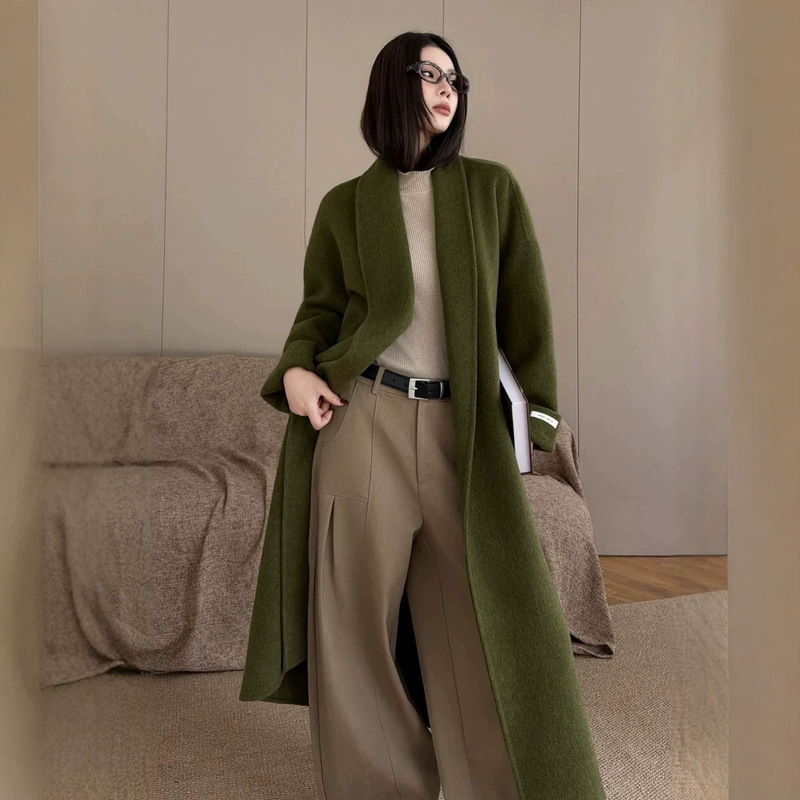 Autumn and Winter Red Bathrobe Style Double-Sided Wool Coat, Loose Fit, Long Thick Woolen Coat for Tall Women Autumn and Winter Red Bathrobe Style Double-Sided Wool Coat, Loose Fit, Long Thick Woolen Coat for Tall Women