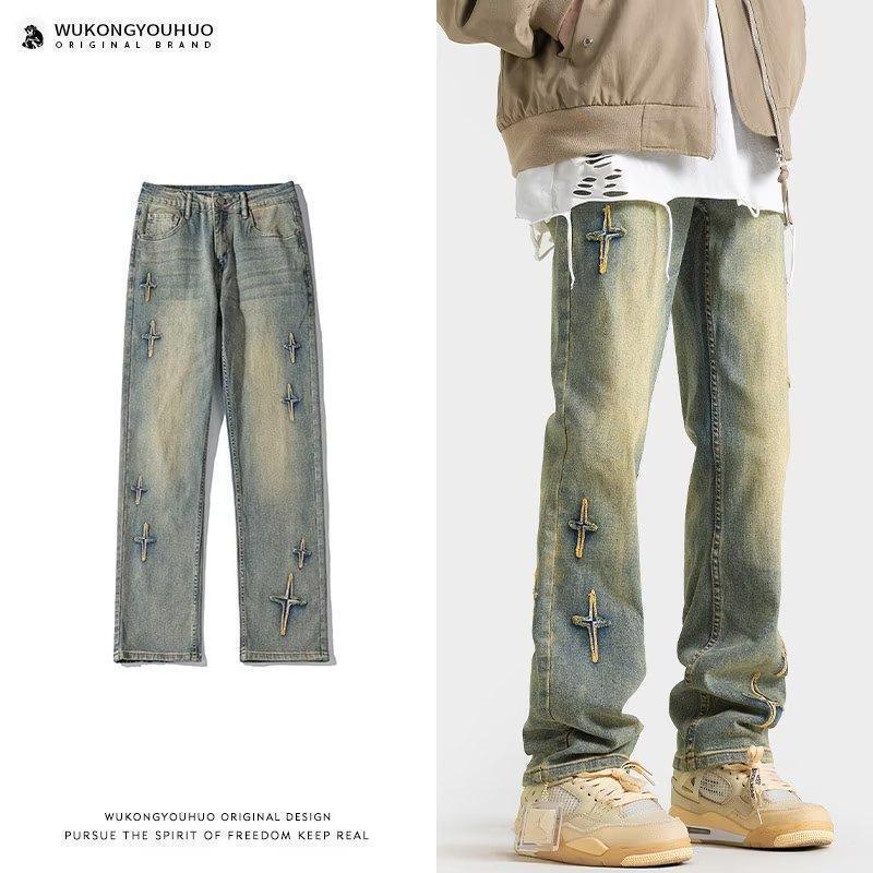 Yellow Mud Cross Jeans Men's Spring and Autumn Trendy Brand American High Street Hip Hop Design Sense Loose All-match Casual Pants