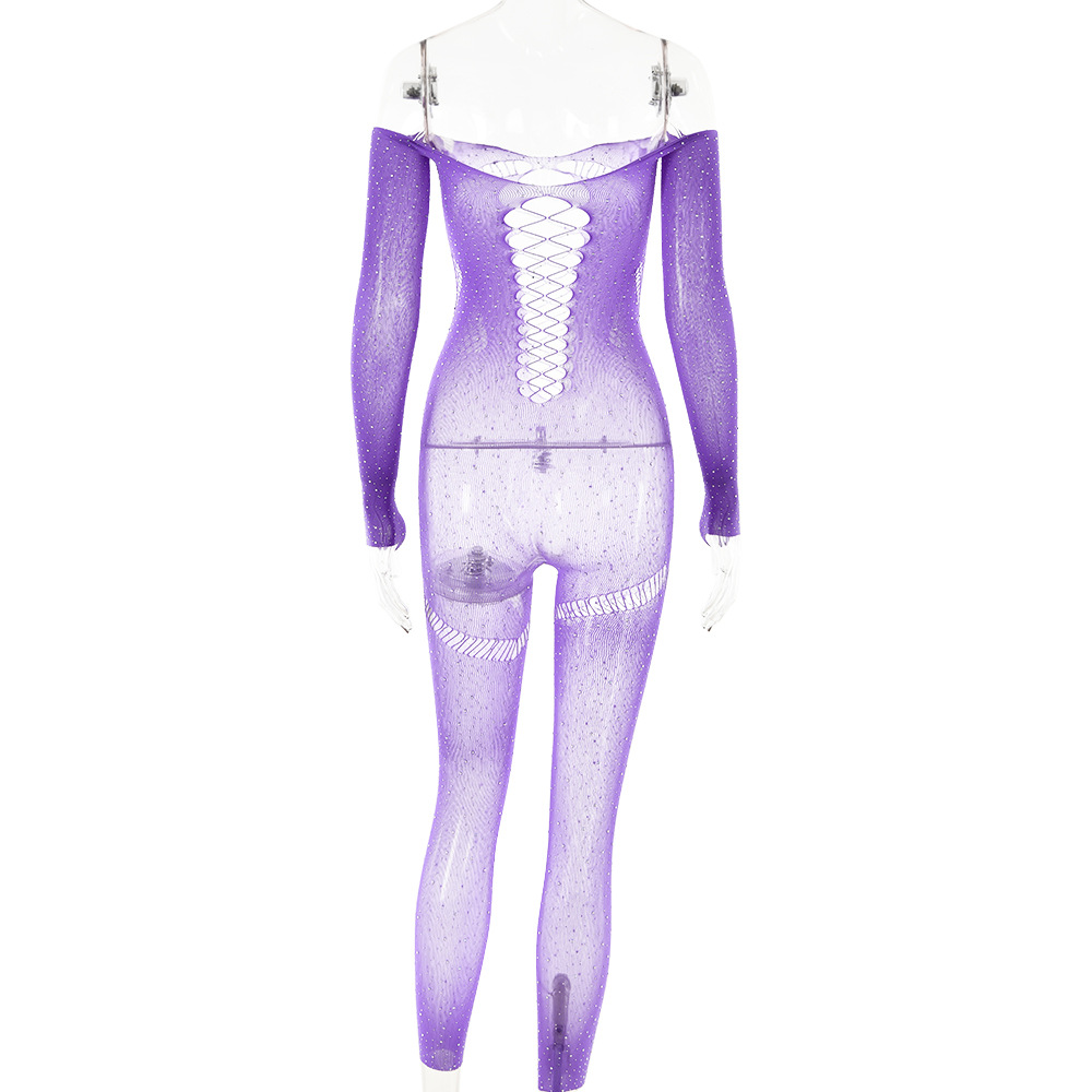 Women Sexy Rhinestone See through Hollow Out Cutout Backless Jumpsuit Long Sleeve Slim Fit Jumpsuit Summer