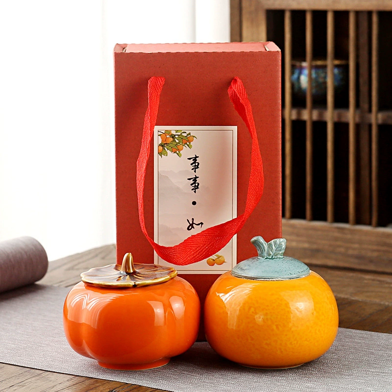 Ceramic Sugar Jar (Persimmon Ruyi) Persimmon Shape, Glazed Gift Box Options, 10×13.8 cm