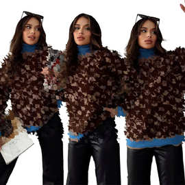 Y71619欧美女装跨境冬季新款 时尚毛衣翻领长袖百搭短款上衣 现货