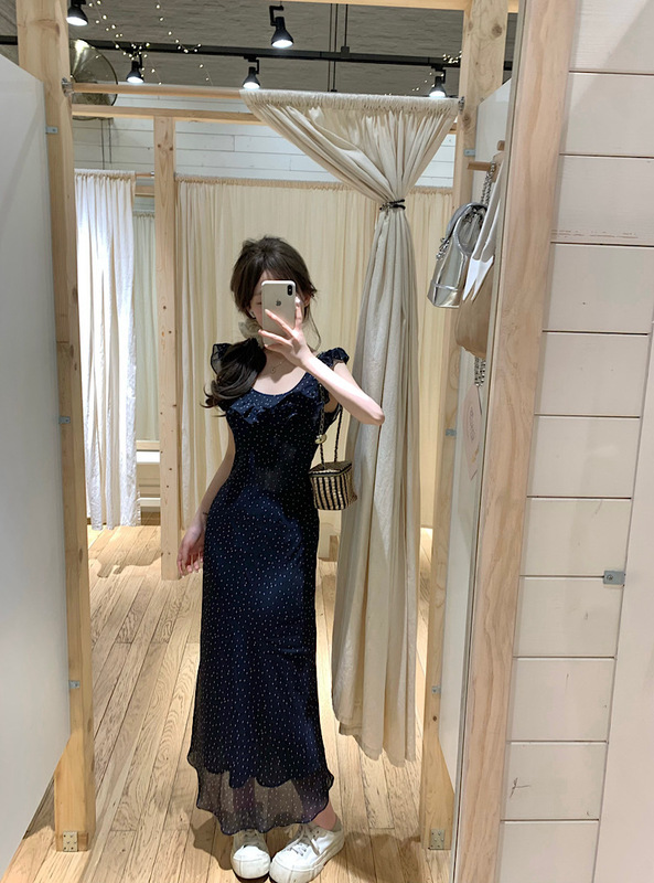 Polka-Dot Ruffled Flying Sleeves Chiffon Suspender Dress for Women Summer Thin Elegant Hip-Hugging Skirt Long Skirt Lightweight