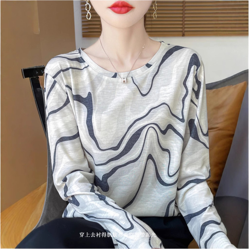 水溶印花圆领长袖打底衫女艺术水墨画天丝莱赛尔防晒衫复古印花|undefined