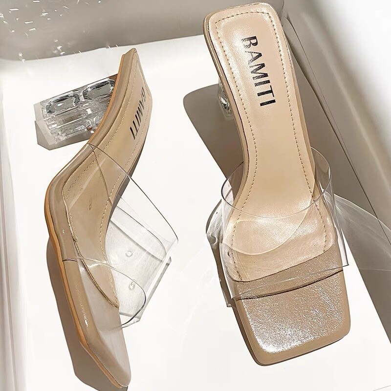 Transparent Soft Glue Outwear Open Toe Sandals for Women Spring and Summer 2024 New Crystal High Heel Elegant Sexy Chunky Heel Sandals