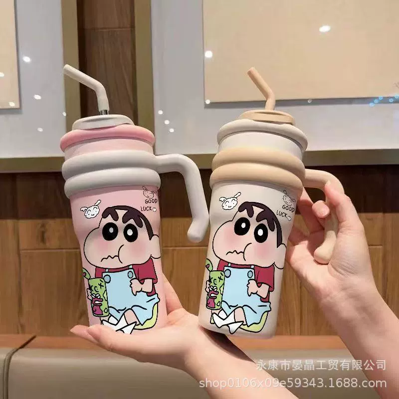 新款背带裤蜡笔小新保温杯女生可爱吸管卡通双饮水杯便携车载杯子