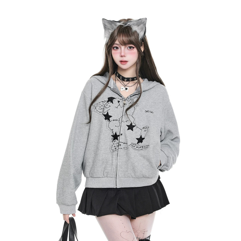 New Spring and Autumn Vintage Cat Ear Gray Hooded Sweatshirt Cardigan Waffle Knit Jacket Embroidered Short Top New Spring and Autumn Vintage Cat Ear Gray Hooded Sweatshirt Cardigan Waffle Knit Jacket Embroidered Short Top