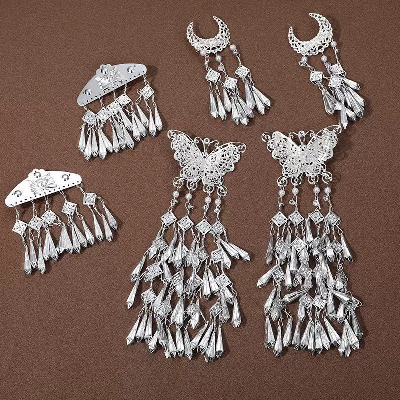 儿童民族风头饰发饰项链苗族藏式仿银额链女少数民族苗疆发夹拍照