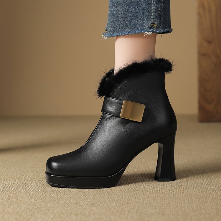 Fashionable Mink High-Heeled Boots for Women, Waterproof Platform Short Boots for Autumn and Winter, New Square Toe Thick Heel Thick-Soled Short Fashion Boots