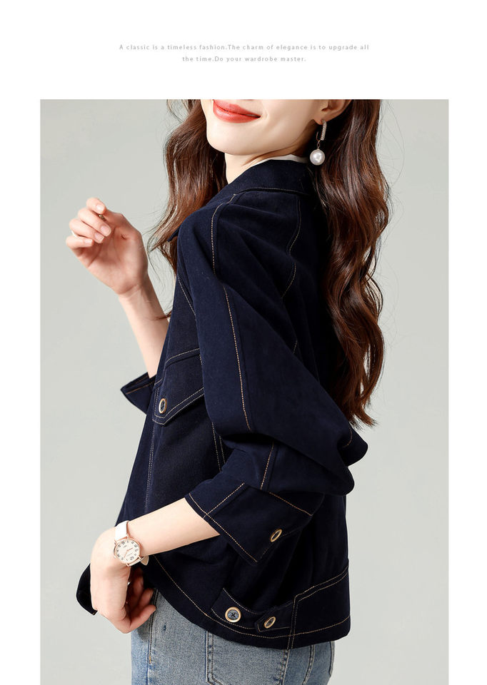 Áo khoác denim ngắn dáng rộng cổ polo cho nữ, dài tay, phong cách giản dị — Áo khoác bò dài tay, Màu nâu (trà nâu), màu xanh chi tiết 29
