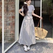 休闲慵懒夏季运动三条杠T恤时尚中长半身裙短袖两件套装高腰显瘦