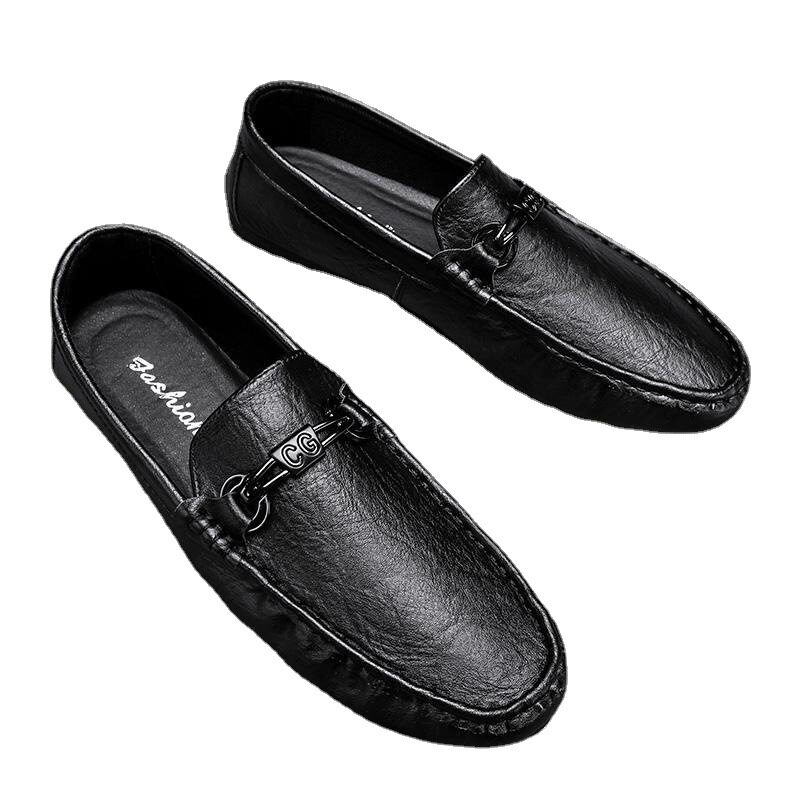 Giày lười nam da PU mũi tròn đế phẳng kiểu mới mùa thu, giày lái xe slip-on — 9108 đen, màu đen