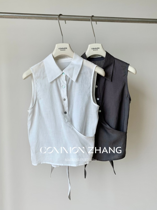 CZ ZHANG夏季韩版通勤减龄休闲天丝系带收腰显瘦背心衬衫女B23097|undefined