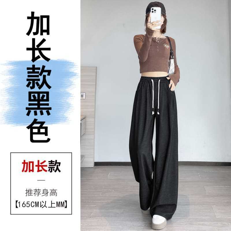 白灰色松紧腰抽绳针织运动裤女春秋宽松显瘦阔腿裤高腰休闲卫裤子|undefined