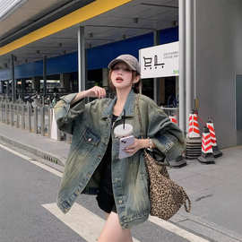 实拍~水洗复古美式牛仔外套女高街潮牌宽松情侣休闲宽松百搭上衣