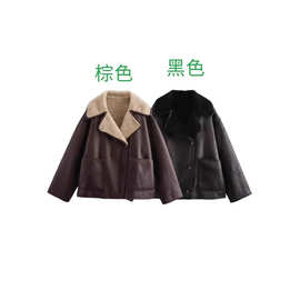 24款XX欧美风翻领单排扣双口袋皮毛一体秋冬宽松百搭新款女士外套
