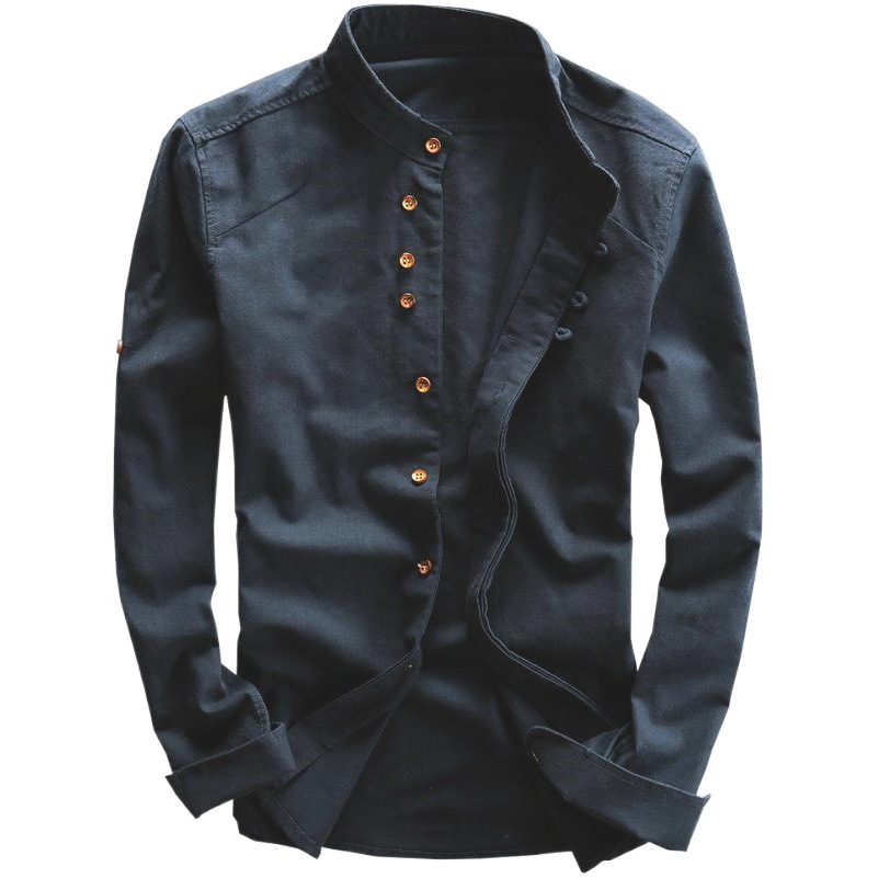 2021 otoño nuevos hombres camisa de lino casual retro estilo chino collar de pie Delgado algodón y camisa de lino fresco noche