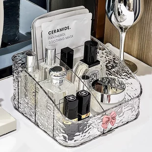 Cosmetic storage box, transparent multi‑compartment organizer, shatterproof textured water‑ripple or stripe