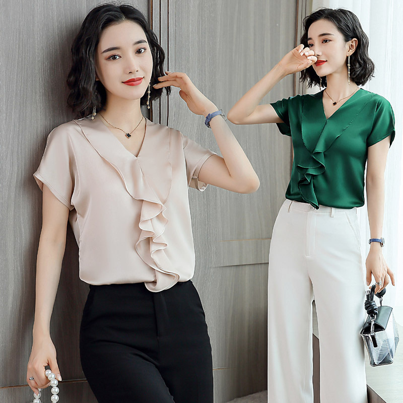 Boutique Summer Silk Women's T-Shirt Short-Sleeve Korean Style Breathable Fashion Slim-Fit Versatile Top Blouse Boutique Summer Silk Women's T-Shirt Short-Sleeve Korean Style Breathable Fashion Slim-Fit Versatile Top Blouse