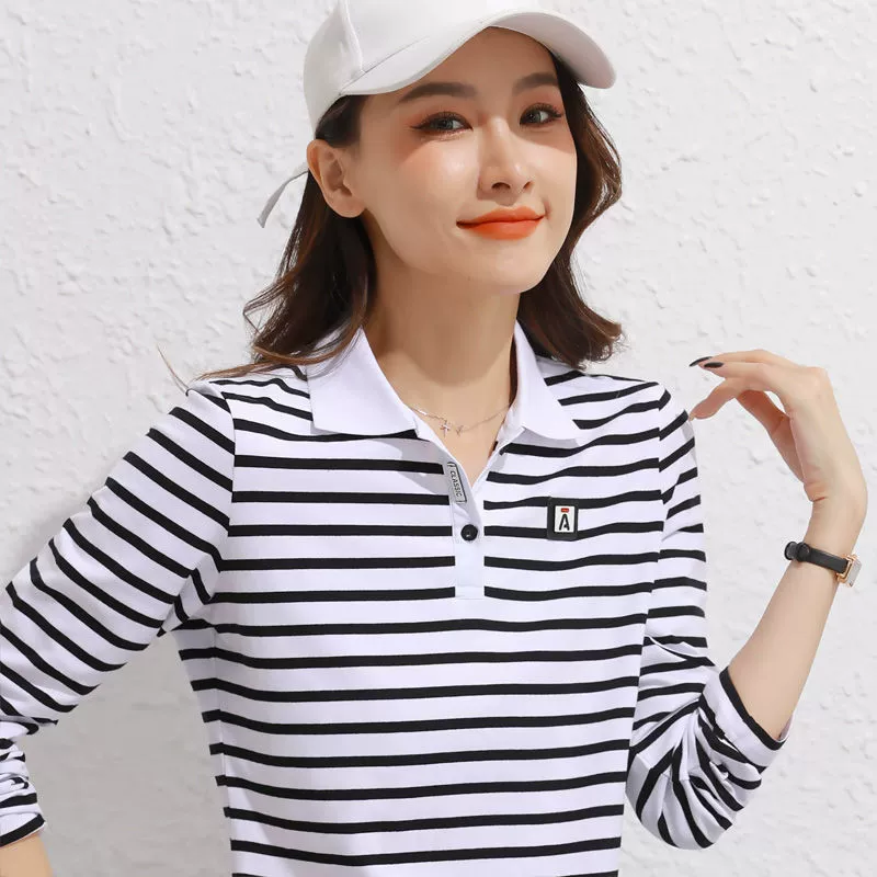 Женская полосатая футболка с отложным воротником, длинными рукавами, свободного кроя, подходит для весны и осени, базовая рубашка с воротником для ранней осени, в стиле «мама».