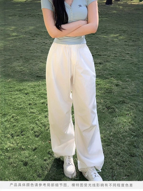 梅子熟了莱赛尔棉清爽白色系工装裤女美式复古伞兵裤直筒束脚卫裤|undefined