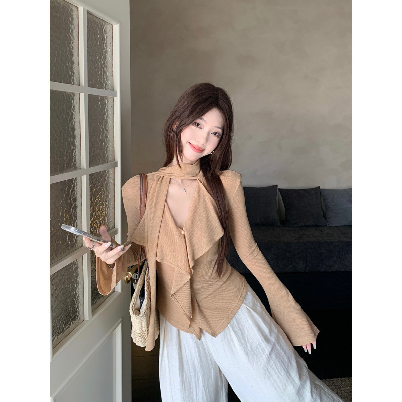 熹凤梨~入秋松弛系 设计感飘带V领T恤女秋长袖上衣+麻色阔腿裤|undefined
