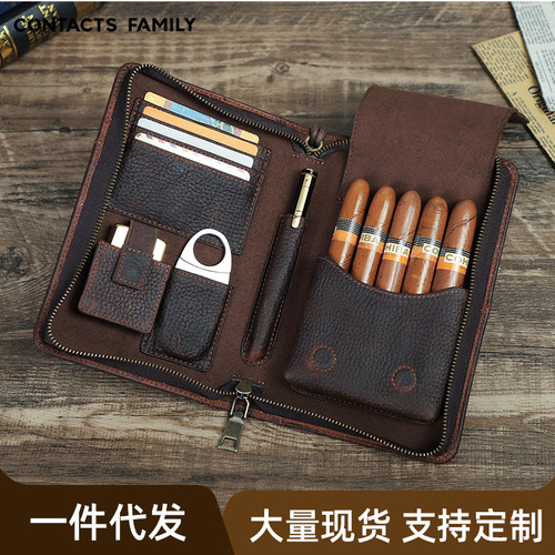 Wholesale genuine leather cigar box 5 pack with wrist zipper multifunctional travel convenient cigar box leather case