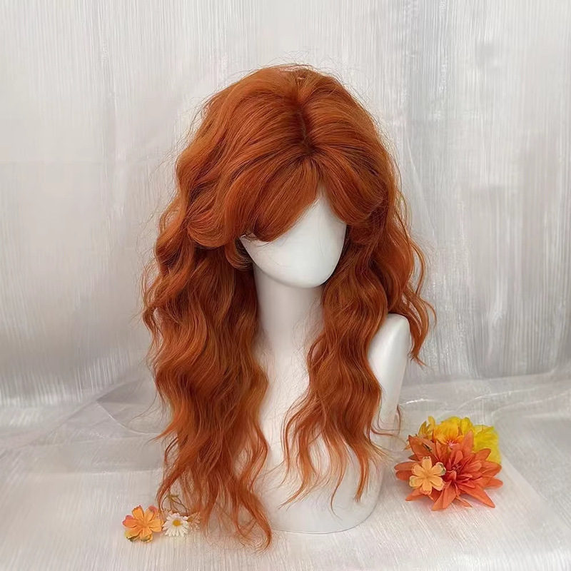 Wig with Orange Water Wave Pattern, Middle Parting, Long Curly Hair, Natural-Looking Full Headpiece for Everyday Wear Wig with Orange Water Wave Pattern, Middle Parting, Long Curly Hair, Natural-Looking Full Headpiece for Everyday Wear