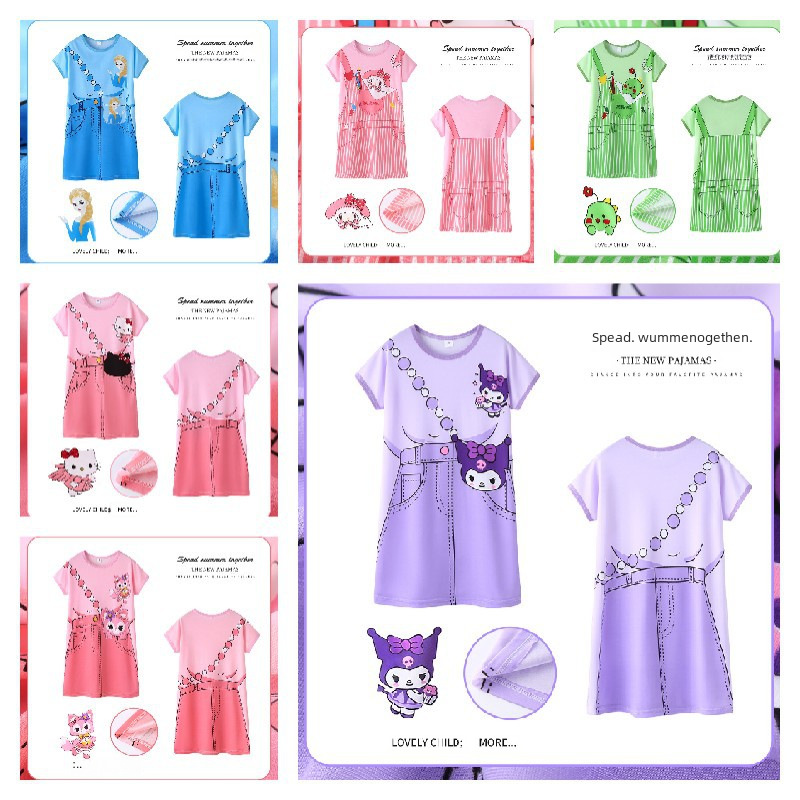 Overseas foreign trade summer children's pajamas for girls, thin milk silk, sweet and cute cartoon hooded short-sleeved nightgowns, stylish
