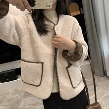 朵妮自制格子拼接圆领羊羔毛2025冬季保暖毛毛棉衣皮毛一体外套女