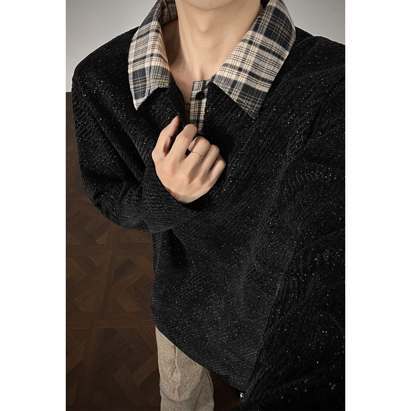 American Retro Houndstooth Sweatshirt for Men and Women, Autumn and Winter Style, Small Fragrant Style Polo Shirt with Lapels, Lazy Style Long-Sleeved T-Shirt