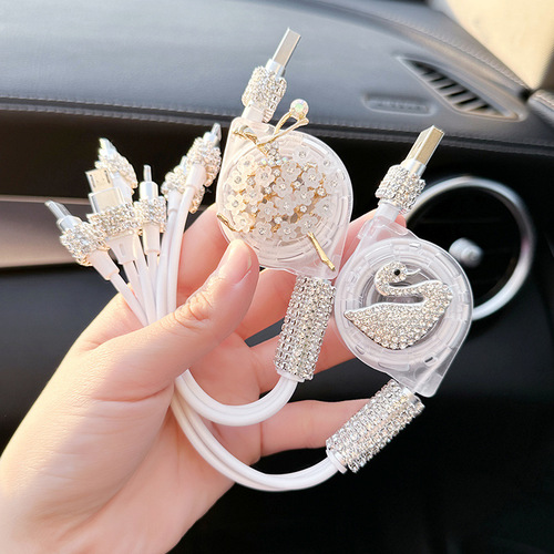 Car charger, fast charging, cigarette lighter, light luxury car, one-to-three multi-function, retractable three-in-one mobile phone data cable