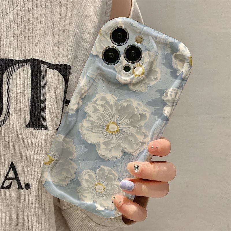 油画蓝白桃花适用苹果15PROMAX手机壳iPhone14个性13创意12软壳11|undefined