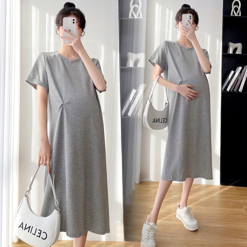 Maternity Short-Sleeved Dress Summer Mid-Length 2025 New Design Hot Mom Elegant Loose Belly-Covering Maternity Dress