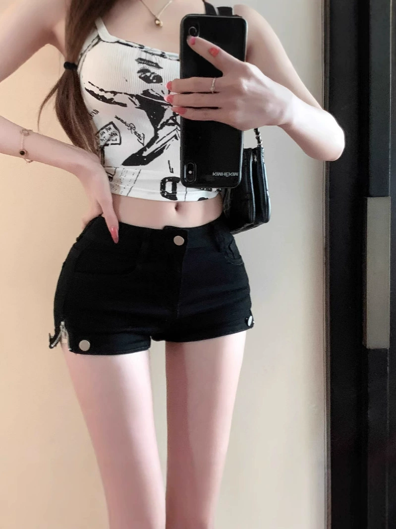Sexy summer denim skirt with zipper, shorts, black fitted trousers, 2025 years, tight, hip-accented