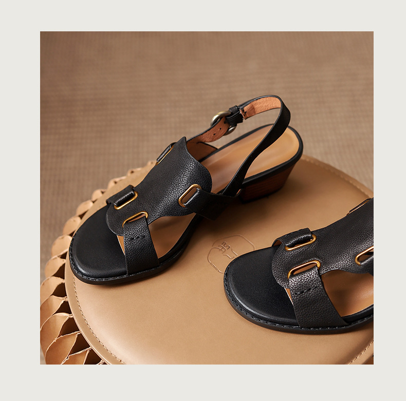 Sandal La Mã cổ điển hở mũi quai khóa gót dày nữ — Màu nâu chi tiết 14