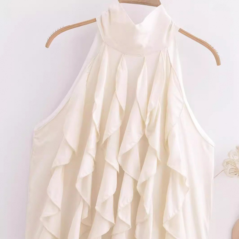 2024 European and American Spring New Fashionable and Elegant Sleeveless Apricot Halter Neck A-line Midi Dress for Women (Cross-border Trade)