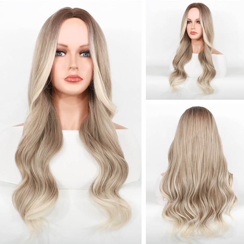 Perruque synthétique mi-longue bouclée, perruque teinte dégradé gris or pour femmes, mécanisme capillaire en fibre synthétique, ensemble tête complète_voghion.com