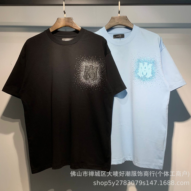 2024 New Amiri Correct Version Trendy Brand Foreign Trade Hot Rhinestone Flash In-Stock Wholesale Men and Women Couple Short-Sleeve T-Shirt