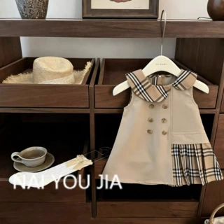 【奶油】老钱系列！女童经典格纹小童双排扣学院风女宝公主裙跨境