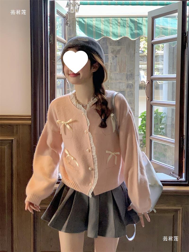 6011  달콤한 핑크 레이스 바느질 스웨터 카디건 여성의 가을 새 활 느슨한 짧은 니트 탑