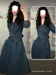 気質の優雅なファッションのデニムのワンピースの秋の2025新型の婦人服のきれいなお母さんの偽の2つのスカート