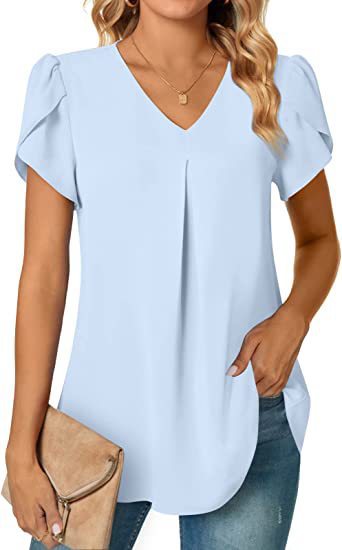 2023 estación independiente deseo Amazon popular verano simple mujer cuello en V pétalo manga camisa de las mujeres