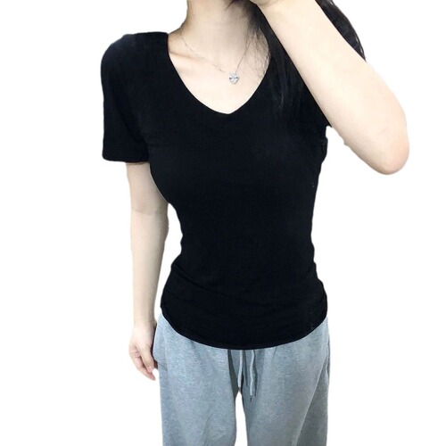 Black V-neck Short-Sleeve Women's Summer All-Match Slim-Fit Slimming 'Bad Girl' T-Shirt  
Slim-Fit, Body-Sculpting, and Visually Slimming T-Shirt for a Chic Summer Look