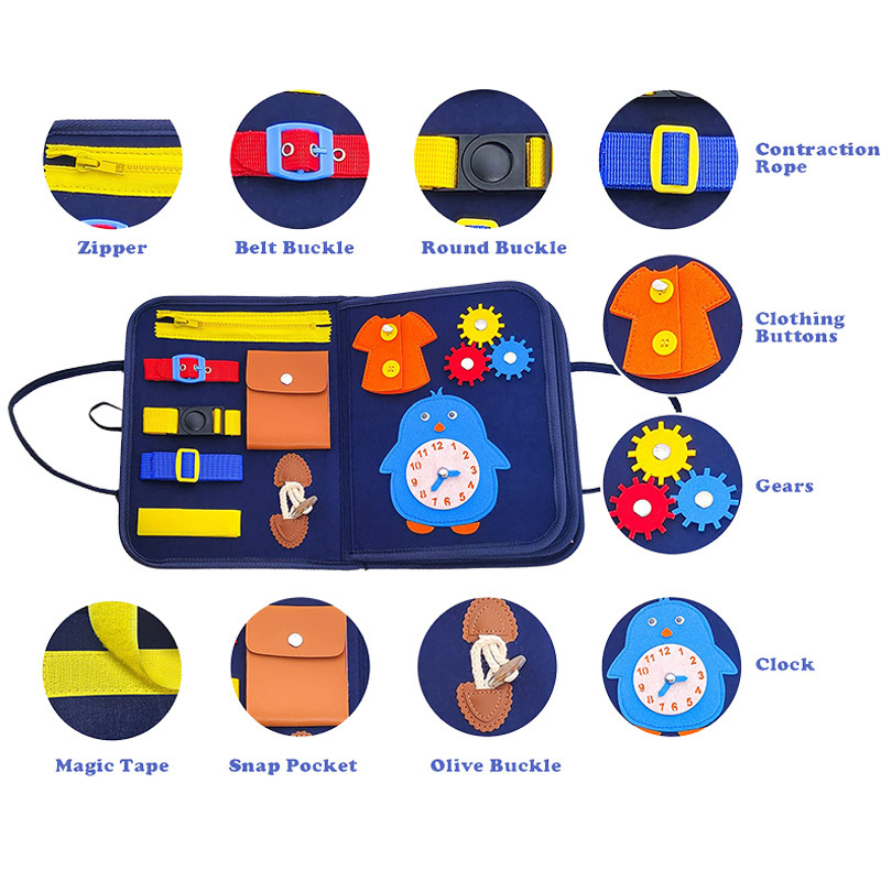Tablero de aprendizaje de los niños al por mayor juguetes de educación temprana vida Sentido Común vestir encaje fieltro bolsa niño fieltro tablero ocupado