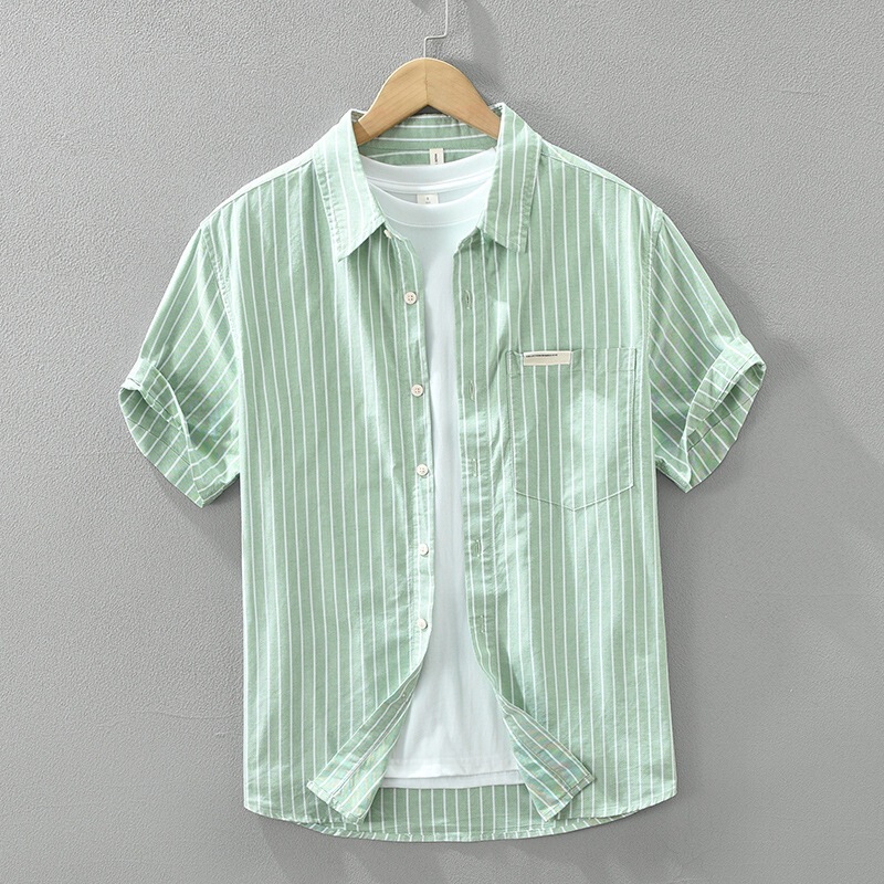 Blue Striped Short-Sleeved Shirt for Men, Comfortable Cotton Shirt, Summer Versatile Oxford Shirt for Men, Suitable for Work and Commuting