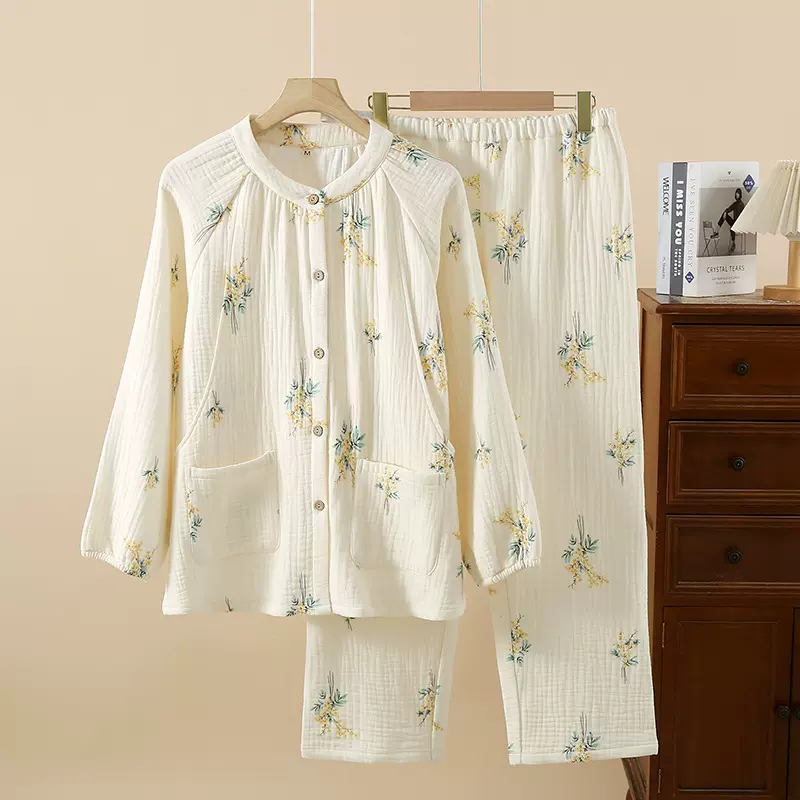 纯棉四层纱布孕妇睡衣春秋冬季加厚月子服全棉孕期产后哺乳家居服