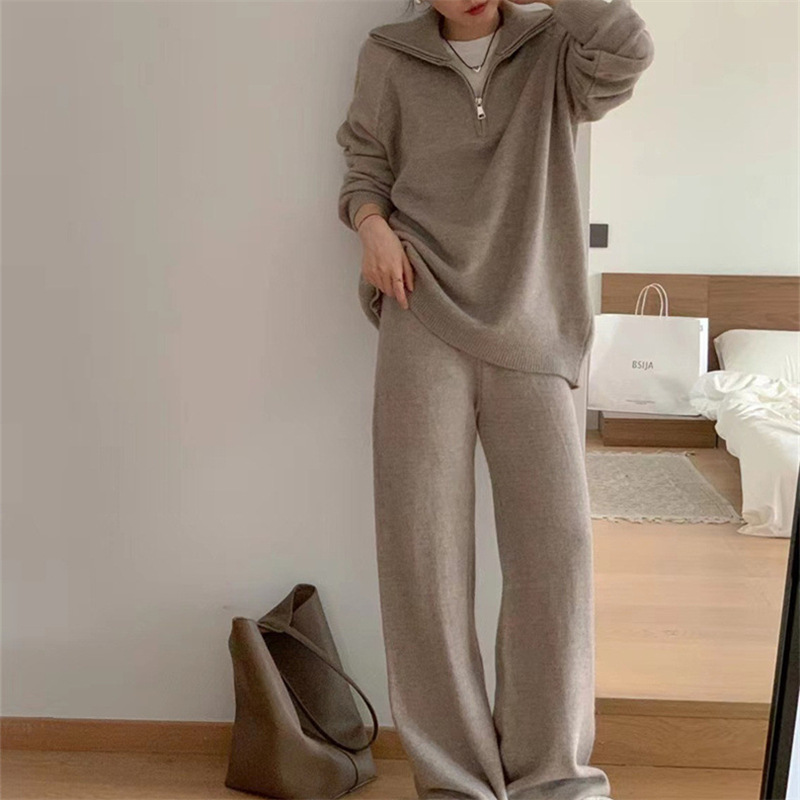 Women’s Korean Style Knit Sweater & Wide Leg Pants Set – Lapel Half-Zip Lounge Suit (One Size, 6 Colors)_voghion.com