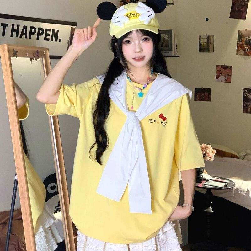 College-style cute kitty cat navy collar tie short-sleeve t-shirt for women, new summer loose-fitting trendy top for girls College-style cute kitty cat navy collar tie short-sleeve t-shirt for women, new summer loose-fitting trendy top for girls