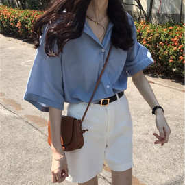 夏季韩版宽松短袖衬衫女百搭纯色设计感小众洋气港风上衣
