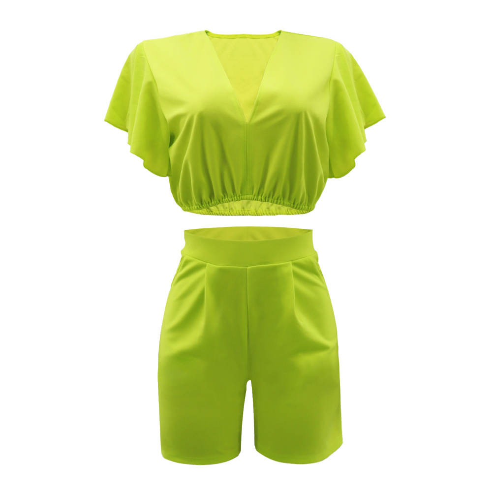 Ruffled Short V neck Top Casual Shorts Summer Two Piece Set